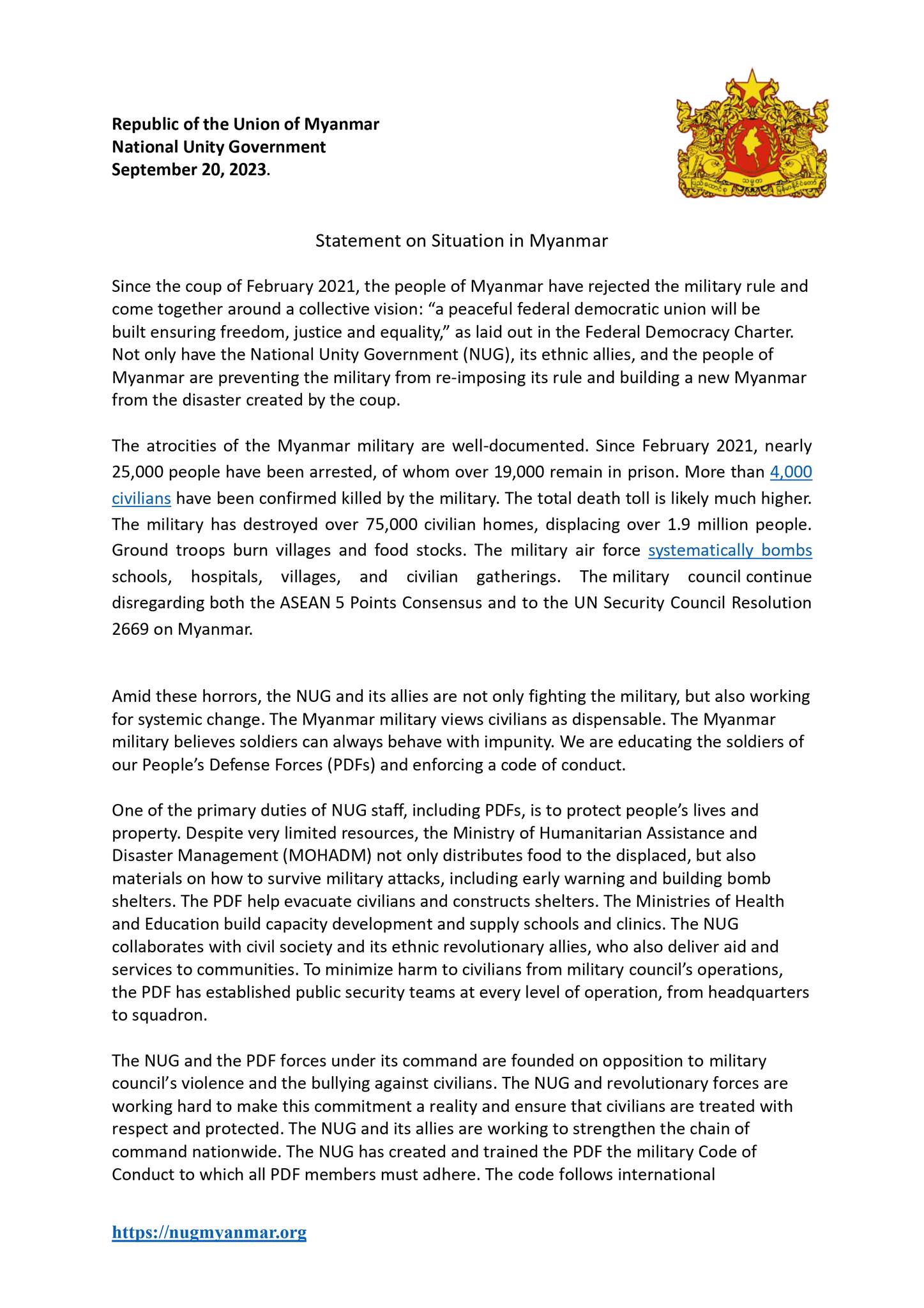 Statement on Situation in Myanmar (September 20, 2023)